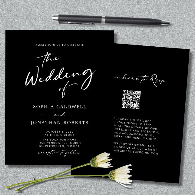 Flyer Orçamento Código QR Caligrafia Preto e Branco Casa (Budget QR Code Modern Calligraphy Black and White Wedding Invitation Flyer)
