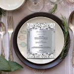 Flyer Orçamento das rosas brancas metálicas prateadas do<br><div class="desc">Por favor, note que este menu está no papel folheto e muito fino. Para menus mais espessos (mesmo design) visite nossa loja. Um menu de casamento elegante e glamouroso. Rosas de cor branca e preta, como decoração. Modelos para seus nomes, data e menu de casamento. Um falso quadro prateado e...</div>