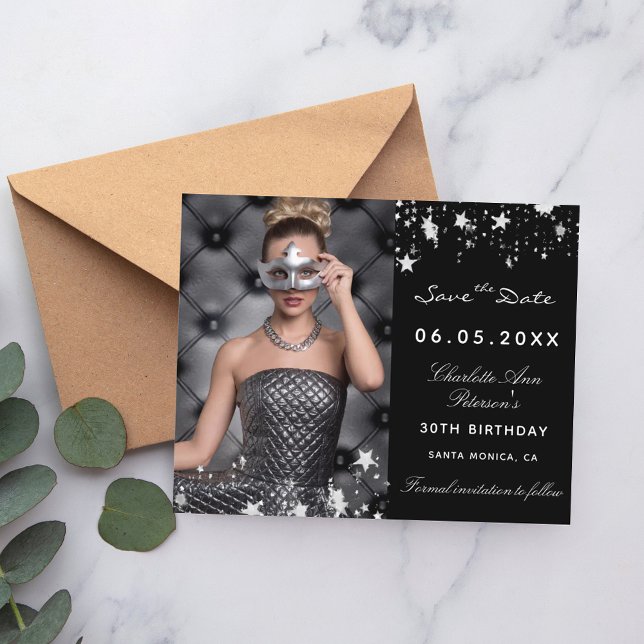 Flyer Orçamento de aniversário de foto de prata preta Sa (Criador carregado)