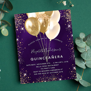 Flyer Orçamento de balões de ouro roxo de Quinceanera