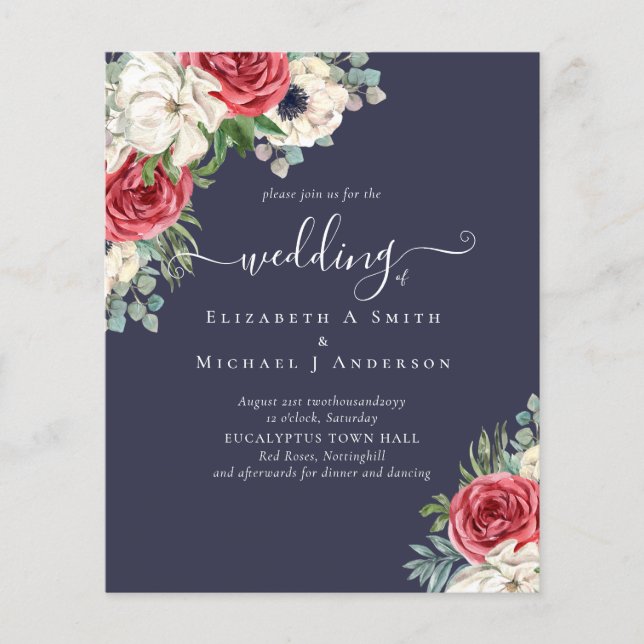 Flyer Orçamento de Casamento Floral Azul Branco Elegante (Frente)
