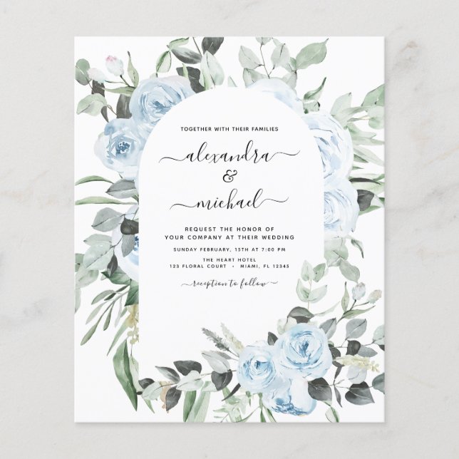 Flyer Orçamento de Casamento Floral em Azul Poeira (Frente)