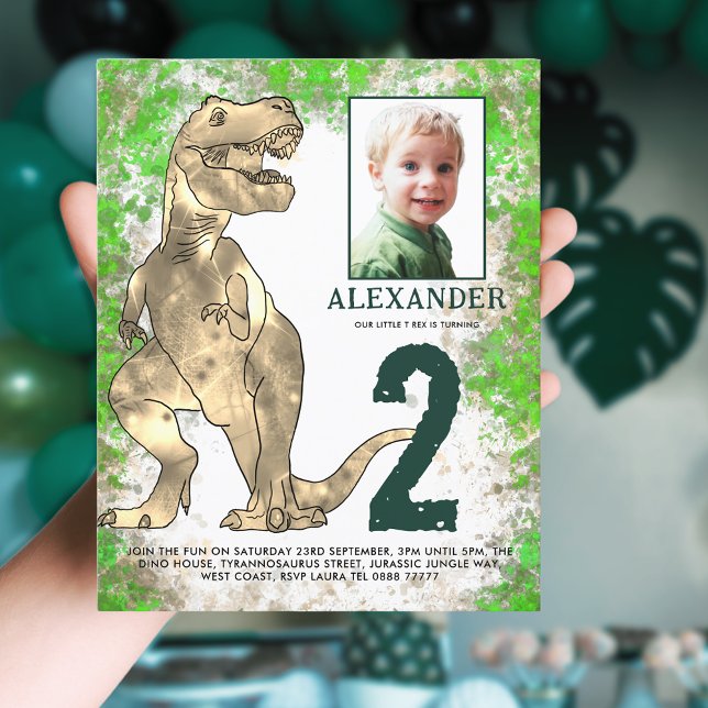 Flyer Orçamento de Fotografia do Partido segundo anivers (T-Rex dinosaur 2nd birthday party budget invitation with photo template)