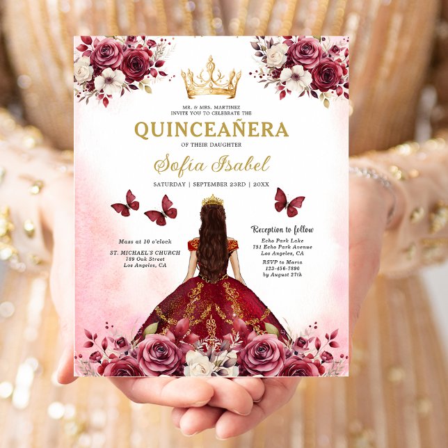 Flyer Orçamento de Quinze Anos Floral Burgundy Princesa (Criador carregado)