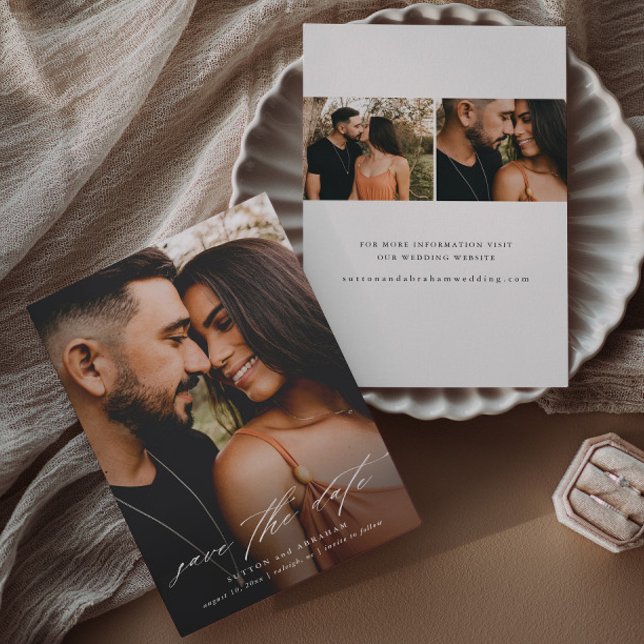Flyer Orçamento de Script de Casamento Foto Save The Dat (Elegant script simple 3 photo overlay wedding save the date announcement cards.)