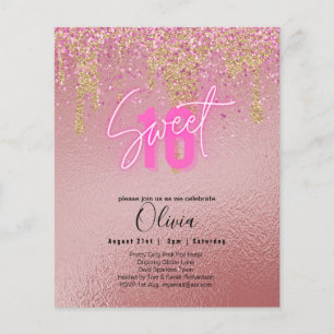 Flyer Orçamento Doce 16 Foil Rosa Brilhante Girly Modern