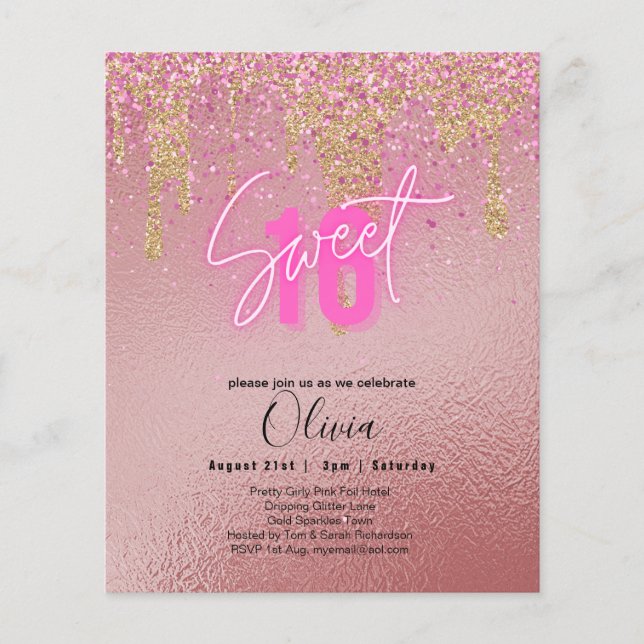 Flyer Orçamento Doce 16 Foil Rosa Brilhante Girly Modern (Frente)