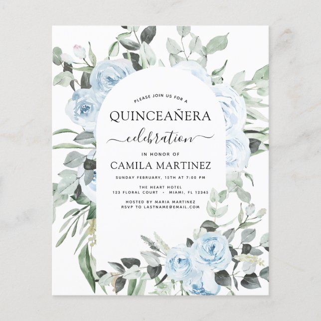 Flyer Orçamento Dusty Blue Quinceañera Convite Floral (Frente)