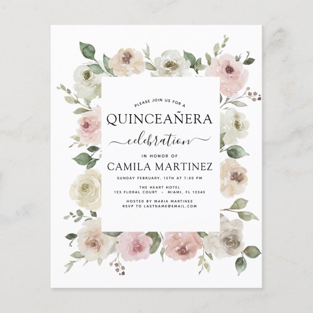 Flyer Orçamento Dusty Rosa Quinceañera Verde Floral (Frente)