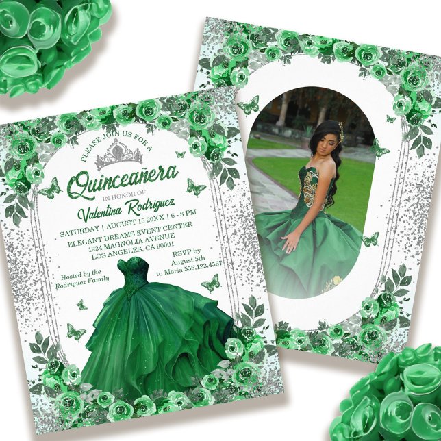 Flyer Orçamento Emerald Green Silver Floral Quinceanera (Budget Emerald Green Silver Floral Quinceanera Flyer)