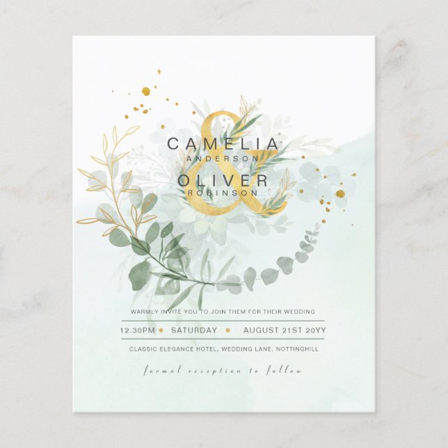 Flyer ORÇAMENTO Eucalipto Verde Oliva Dourado Casamento  (Frente)