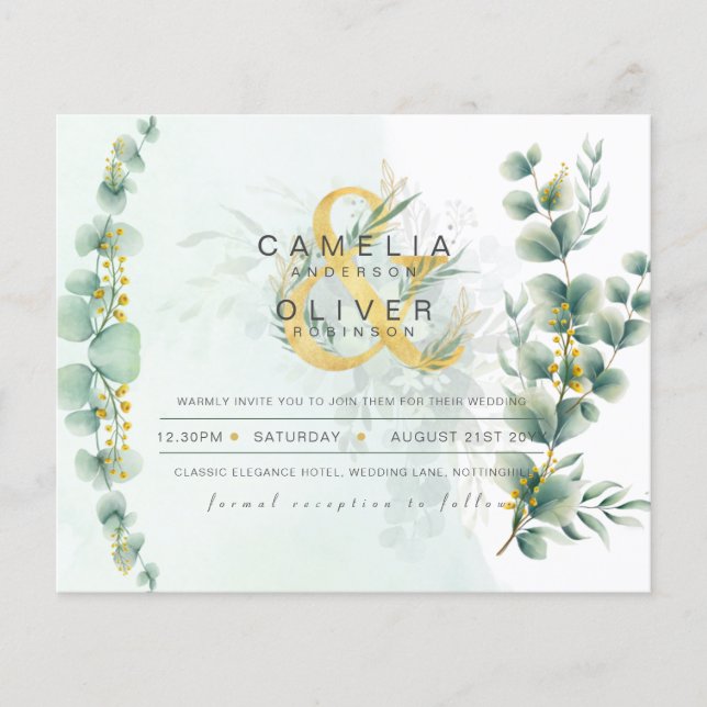 Flyer ORÇAMENTO Eucalyptus Greenery Dourado Casamento CÓ (Frente)