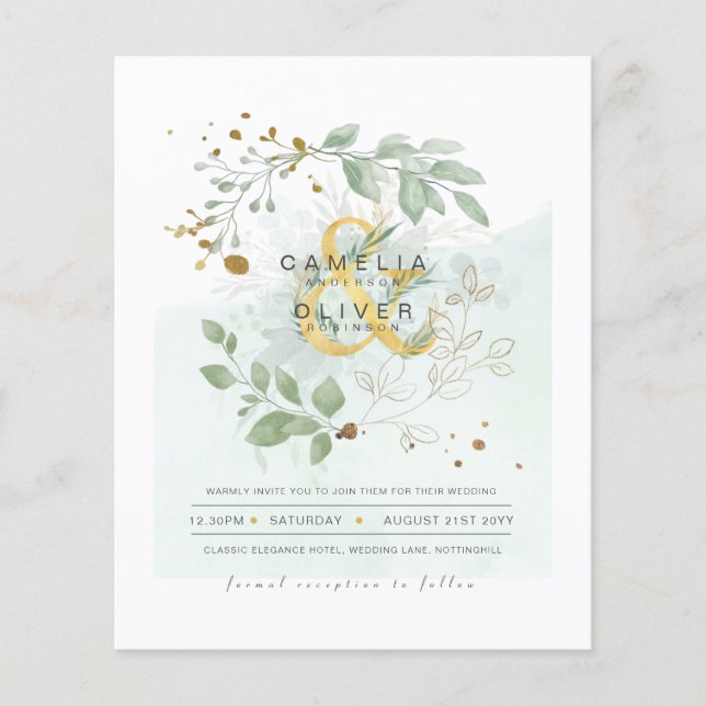 Flyer ORÇAMENTO Eucalyptus Greenery Dourado Casamento CÓ (Frente)