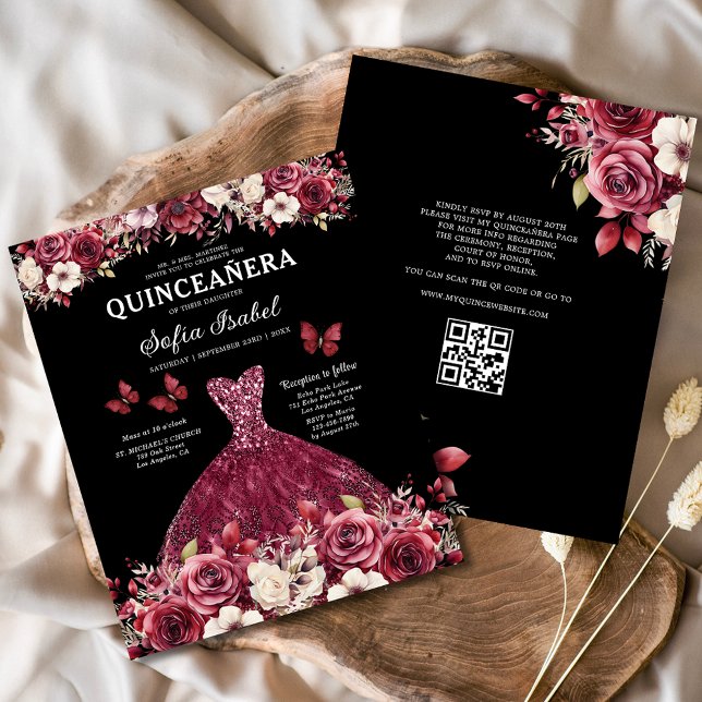 Flyer Orçamento Floral Burgundy Código QR Quinceanera (Criador carregado)