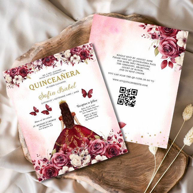 Flyer Orçamento Floral Burgundy Código QR Quinceanera (Criador carregado)