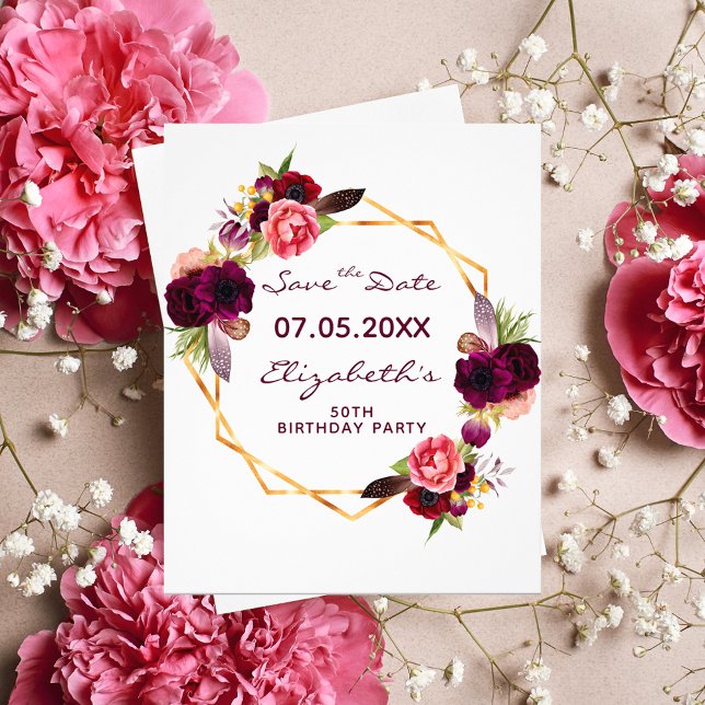 Flyer Orçamento floral de aniversário Burgundy Salvar Da (Criador carregado)