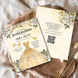 Flyer Orçamento Floral Dourado Código QR Princesa Quince