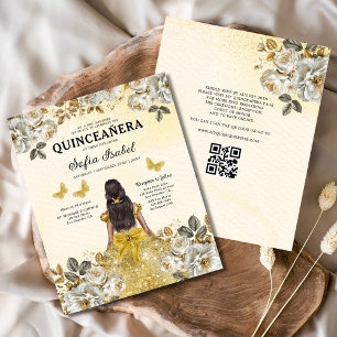 Flyer Orçamento Floral Dourado Código QR Princesa Quince