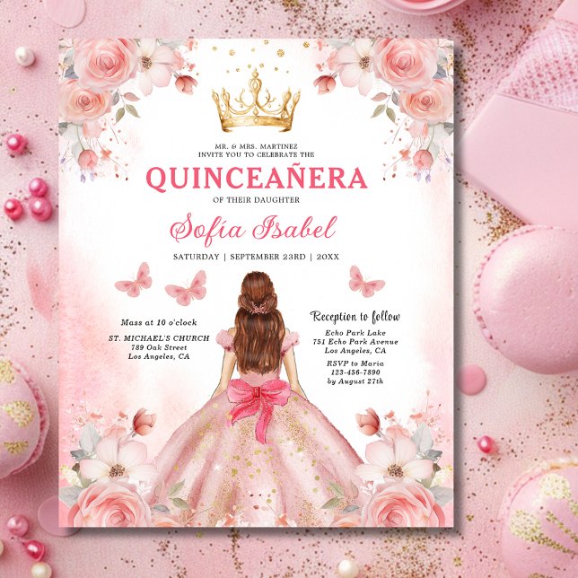 Flyer Orçamento Floral Rosa Bilingue Espanhol Quinceaner (Criador carregado)