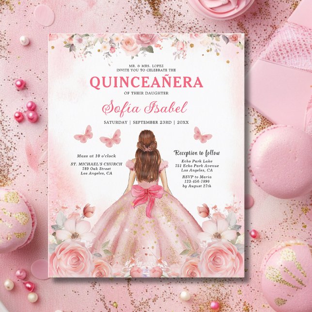 Flyer Orçamento Floral Rosa Bilingue Espanhol Quinceaner (Criador carregado)