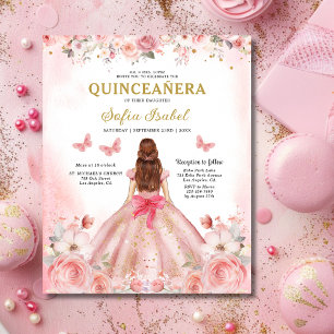 Flyer Orçamento Floral Rosa Bilingue Espanhol Quinceaner