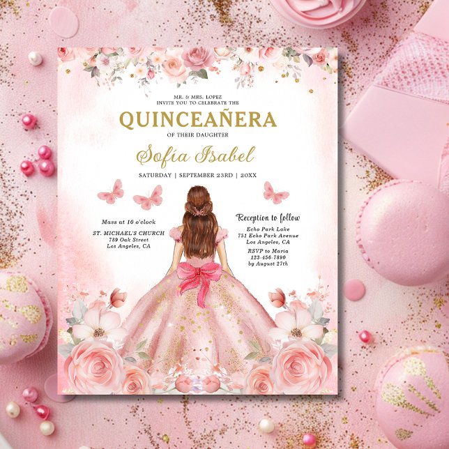Flyer Orçamento Floral Rosa Bilingue Espanhol Quinceaner (Criador carregado)