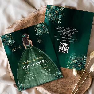Flyer Orçamento Floral Verde Vestido QR Código Quinceane