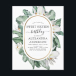Flyer Orçamento Magnolia Tropical Sweet 16 Convite<br><div class="desc">As Flores Tropicais Orçamentárias com Palma Verde Floral e Primavera Geométrico de Folha de Ouro Faux ou Convites de festas de aniversários Summer Sweet Sesseis - incluem uma bela e elegante tipografia de guião com flores botânicas tropicais modernas e verde para a festa de aniversário especial 16.</div>