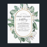 Flyer Orçamento Magnolia Tropical Sweet 16 Convite<br><div class="desc">As Flores Tropicais Orçamentárias com Palma Verde Floral e Primavera Geométrico de Folha de Ouro Faux ou Convites de festas de aniversários Summer Sweet Sesseis - incluem uma bela e elegante tipografia de guião com flores botânicas tropicais modernas e verde para a festa de aniversário especial 16.</div>