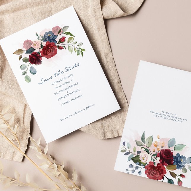 Flyer Orçamento Moderno Burgundy Floral Rustic Salvar Da (Burgundy Floral Script Wedding Save the Date Announcement)