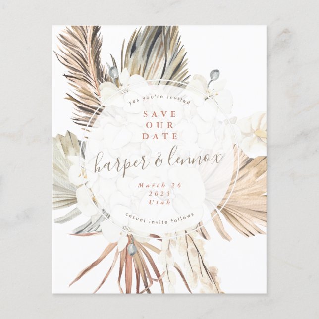 Flyer Orçamento Pampas Boho Beach Round. Salve nossa dat (Frente)