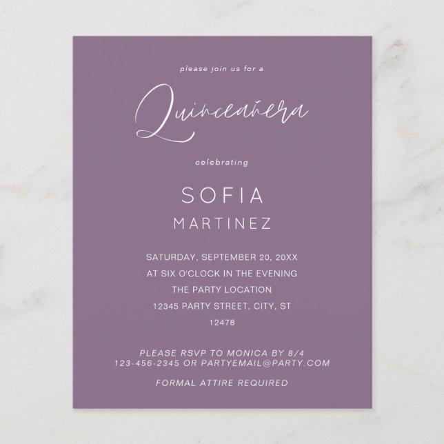 Flyer Orçamento Plum Roxo MOD Caligrafia Quinceanera (Frente)