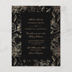 Flyer Orçamento Preto Dourado Folhas Flores Desenhadas à