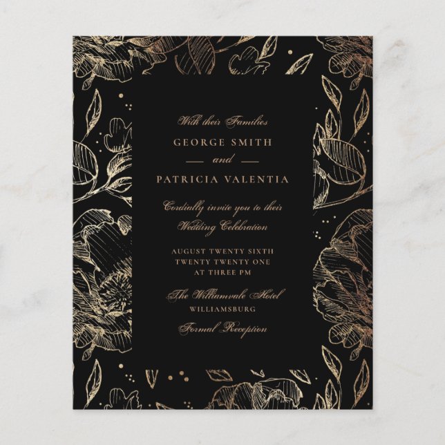 Flyer Orçamento Preto Dourado Folhas Flores Desenhadas à (Frente)