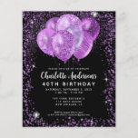 Flyer Orçamento Preto Roxo Glam Glitter Balão Aniversári<br><div class="desc">Lavanda Violeta Roxa Plum Black Silver Glitter Sparkle Balon Elegante - Convite de Aniversário para Na moda Roxo Moderno</div>