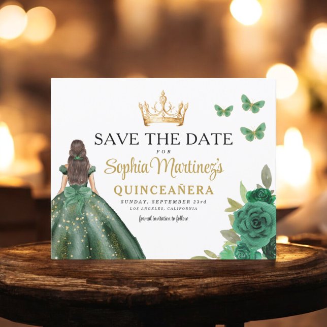Flyer Orçamento Princesa Verde Quinceañera Salvar Data (Criador carregado)