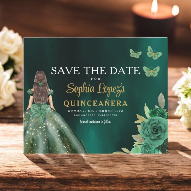 Flyer Orçamento Princesa Verde Quinceañera Salvar Data (Criador carregado)