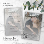 Flyer Orçamento QR foto moderna camada de casamento<br><div class="desc">Elegante e simples barato de fotos personalizadas e minimamente brancas do modelo de orçamento transparente (IMPRESSO, APENAS UM PAPEL DE PAPEL, SEM COBRIR PLÁSTICO) sobre a sobreposição do convite de casamento PAPER FLYER com um script de caligrafia na moda clássico e seu CÓDIGO QR personalizado (gerado automaticamente) para o site....</div>