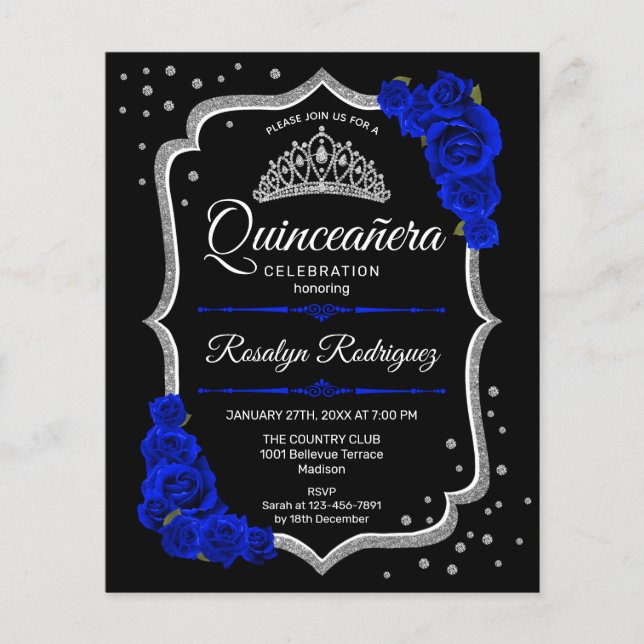 Flyer Orçamento Quinceanera Black Silver Royal Blue Inve (Frente)
