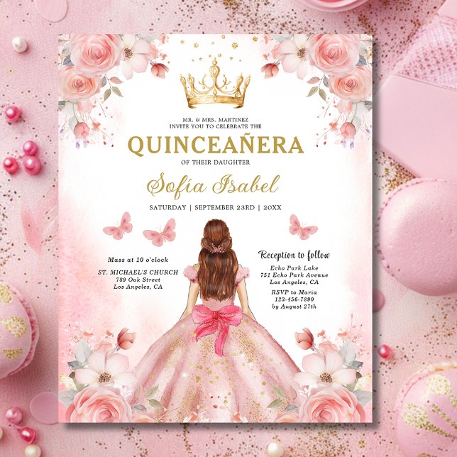 Flyer Orçamento Quinceañera Blush Borboleta Floral Rosa (Criador carregado)