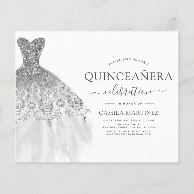 Flyer Orçamento Quinceanera Branco e Brilho Prateado (Frente)