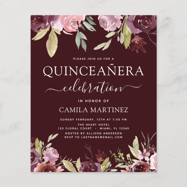 Flyer Orçamento Quinceanera Burgundy Convite Floral Rosa (Frente)