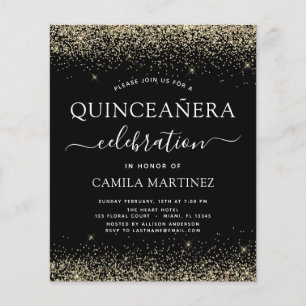 Flyer Orçamento Quinceanera Dourado Preto Moderno Brilho