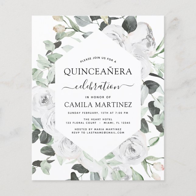 Flyer Orçamento Quinceañera Eucalyptus Rosas Brancas Flo (Frente)