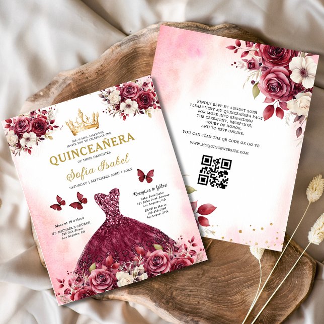 Flyer Orçamento Quinceanera Floral Burgundy Princesa (Criador carregado)