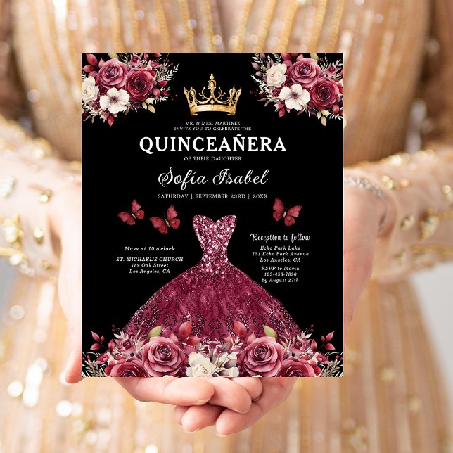 Flyer Orçamento Quinceanera Floral Burgundy Princesa (Criador carregado)