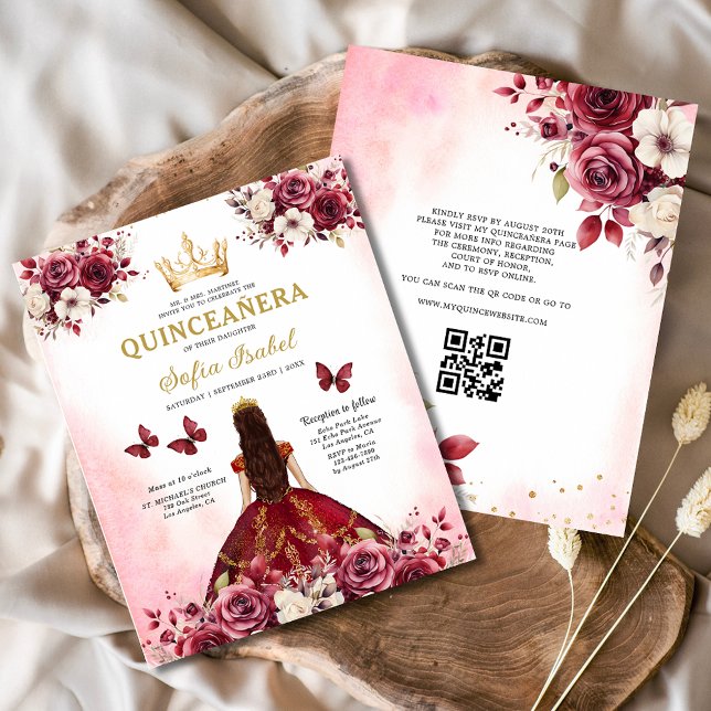 Flyer Orçamento Quinceanera Floral Burgundy Princesa (Criador carregado)