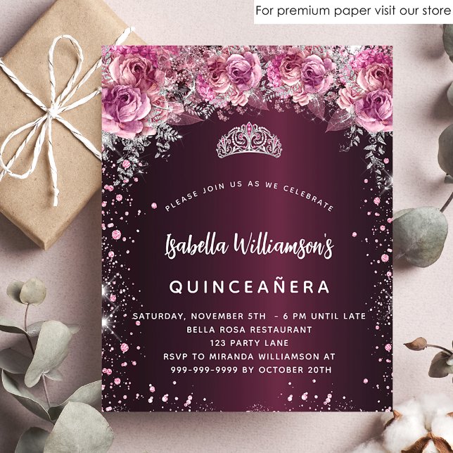 Flyer Orçamento Quinceanera rosa burgundy convite floral (Criador carregado)