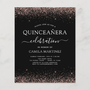 Flyer Orçamento Quinceanera Rosa Dourado Preto Bege Rosa
