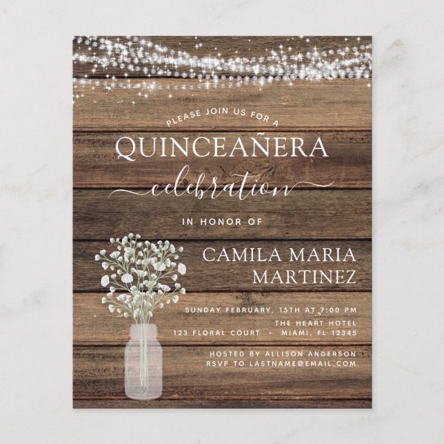 Flyer Orçamento Quinceanera Rustic Baby's Breath Invitat (Frente)